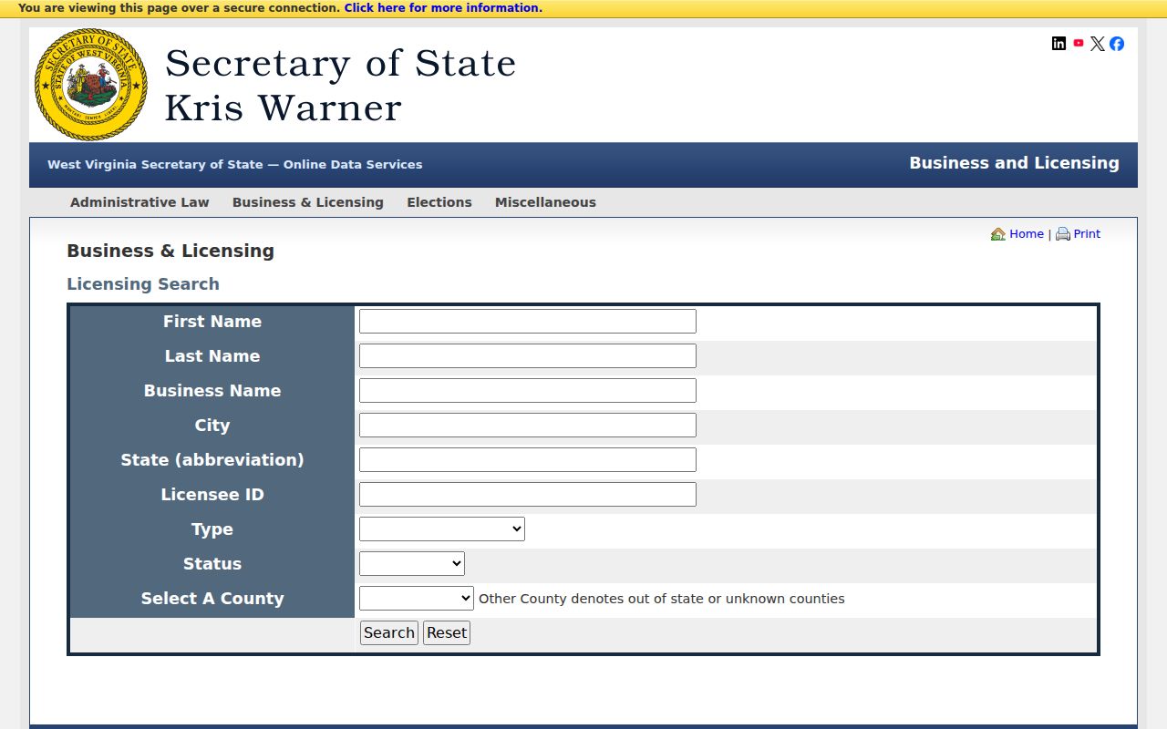 West Virginia licensing fields for a Wood County resident lookup