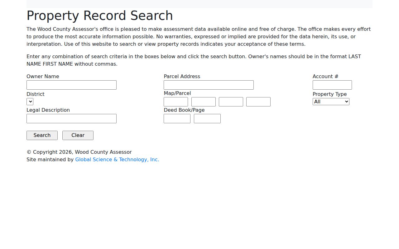 Wood County residents directory CAMA property search fields