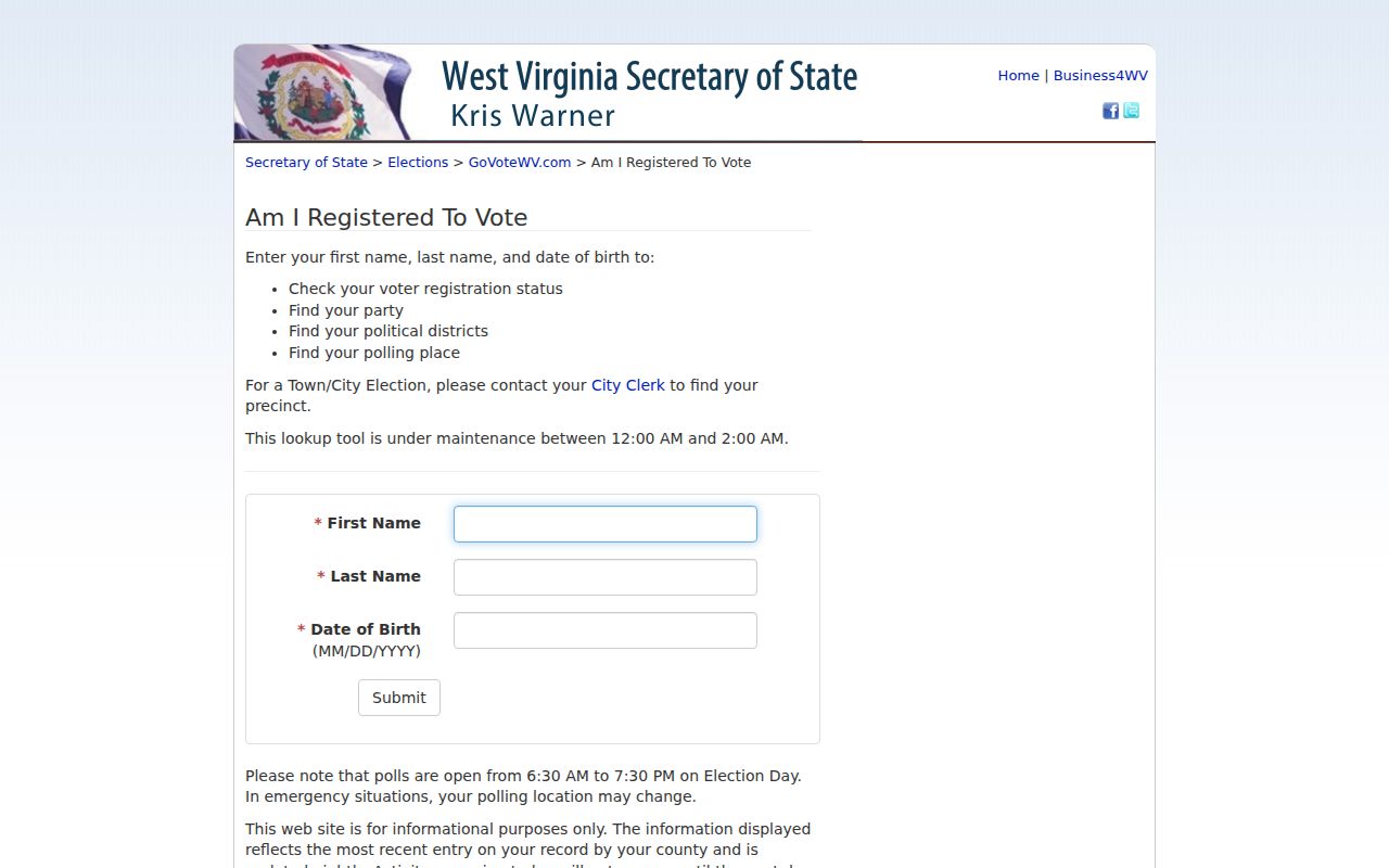 West Virginia voter status form used for Wood County resident lookup